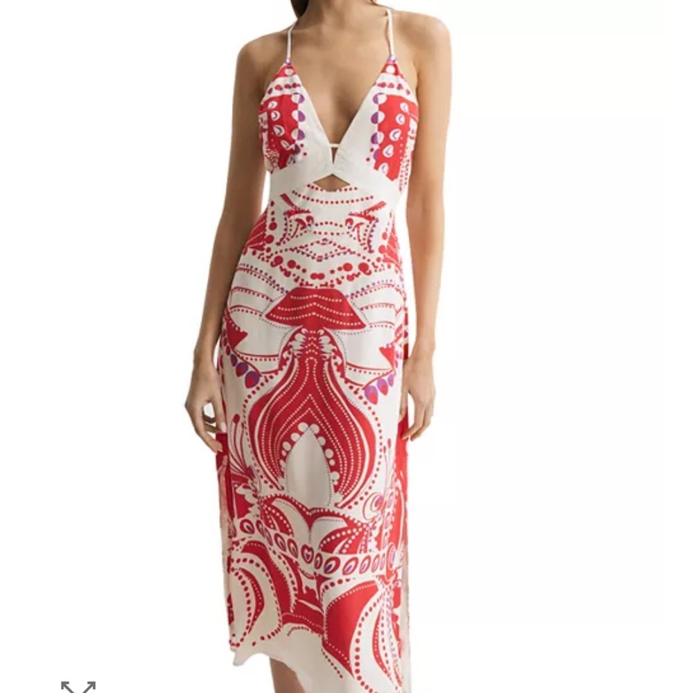 Reiss White Midi Dress with Red Graphic Print
